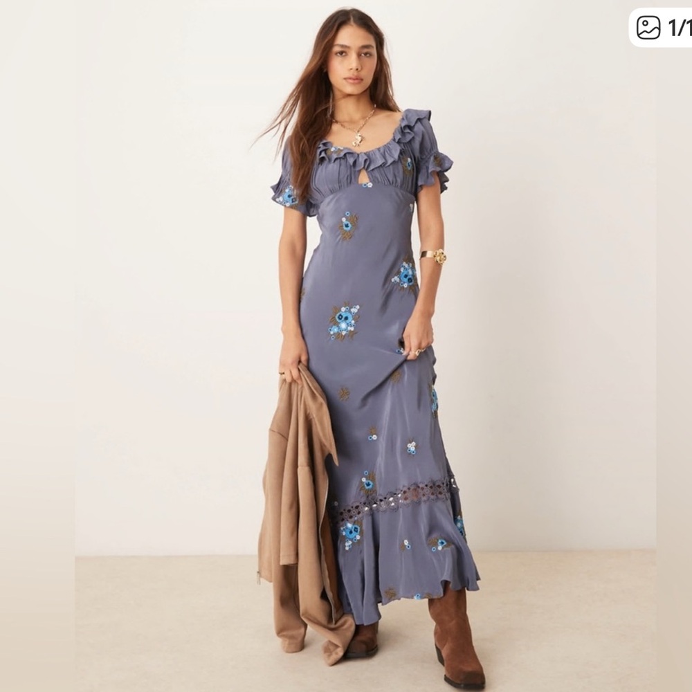 Free People Indigo Floral Embroidered Maxi Dress - Picture 2 of 10